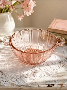 Vintage Anchor Hocking Old Cafe Pink Depression Glass Handled Bowl